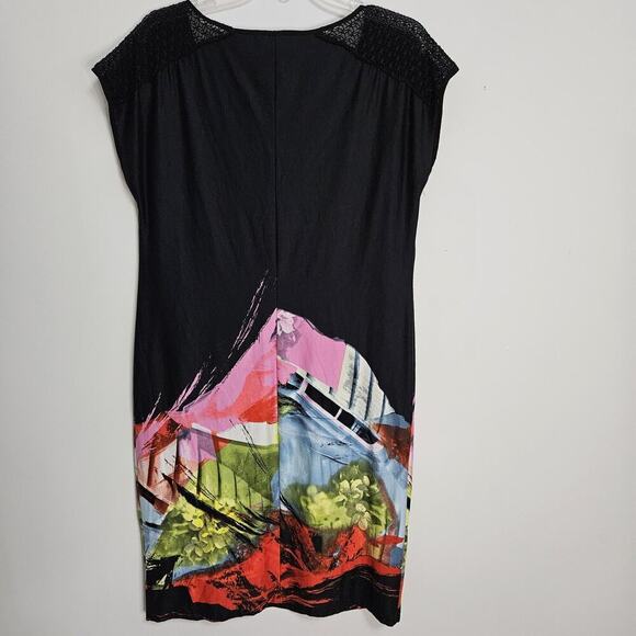 Simon Chang Designer Black Shift Dress Wearable Art Mesh Lace Shoulders Size 8 - Picture 5 of 10